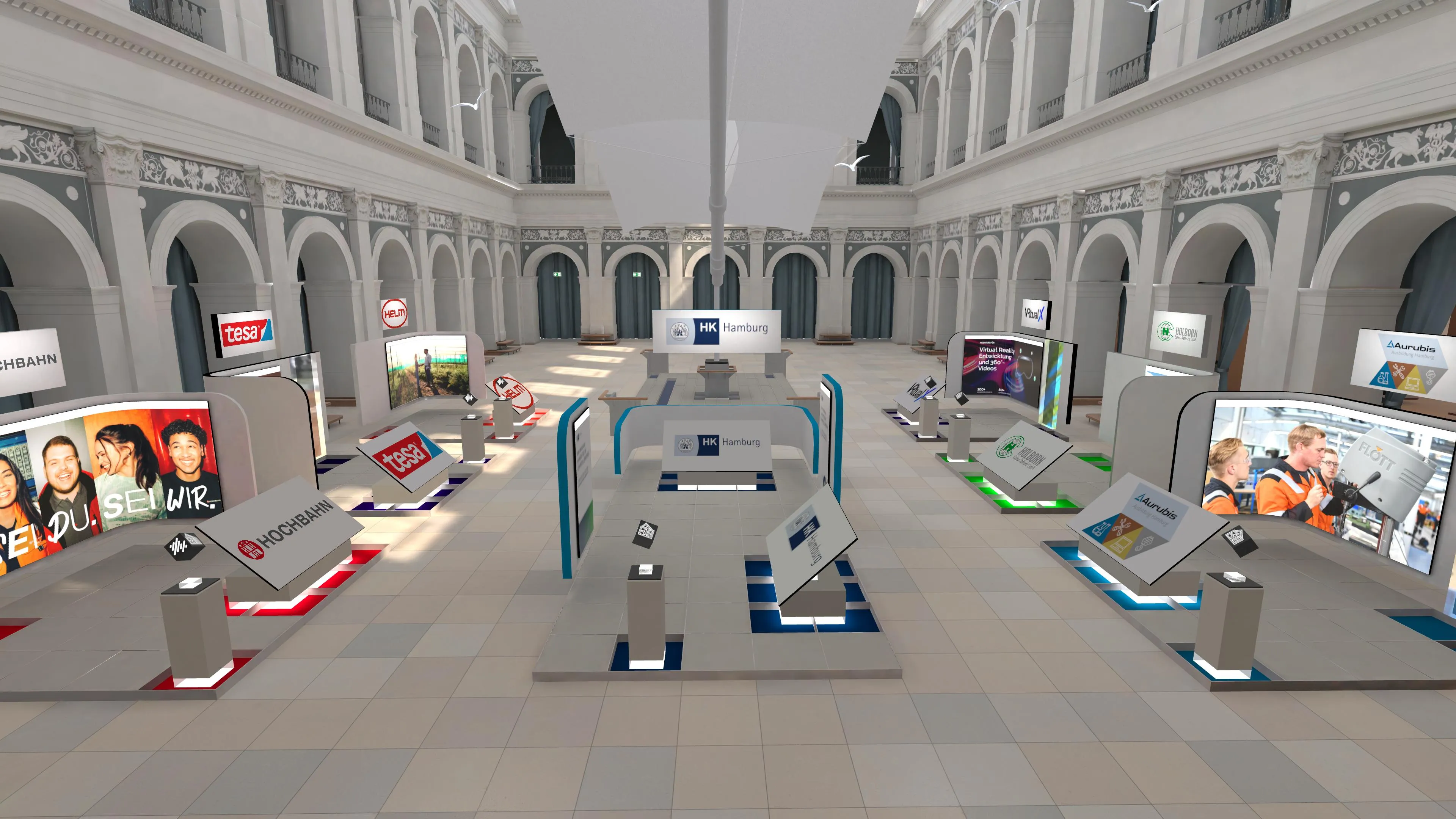 Virtual courtyard of the Handelskammer Hamburg (Hamburg Chamber of Commerce) with exhibition booths from Aurubis, tesa, Hochbahn, VRtual X, and other companies