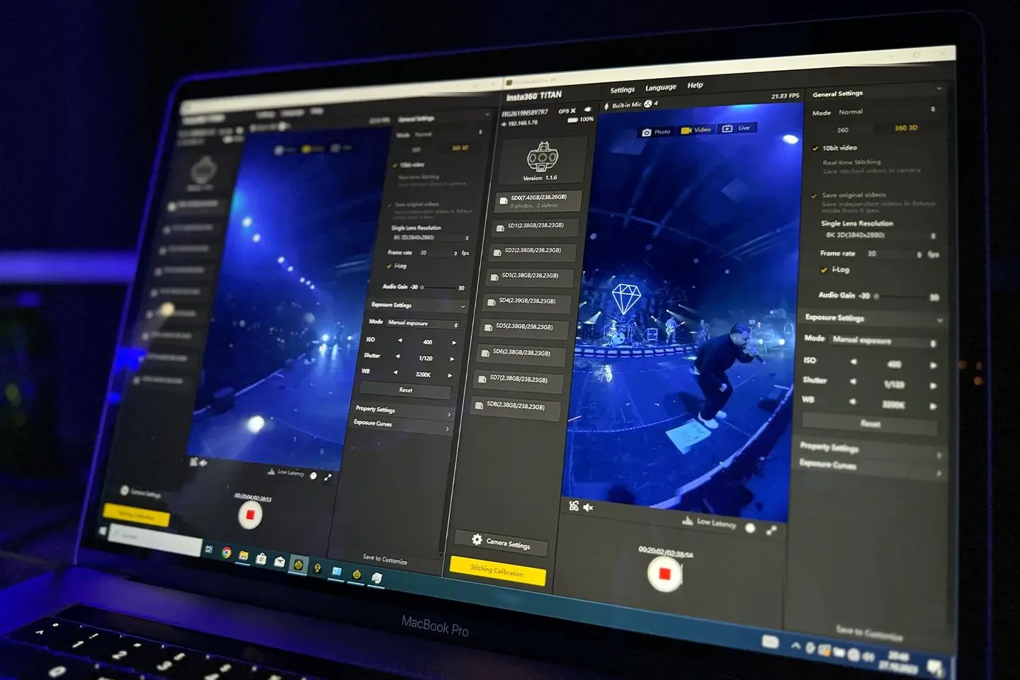 Laptop running the Insta360 Titan recording software, with a rapper on stage in the preview image