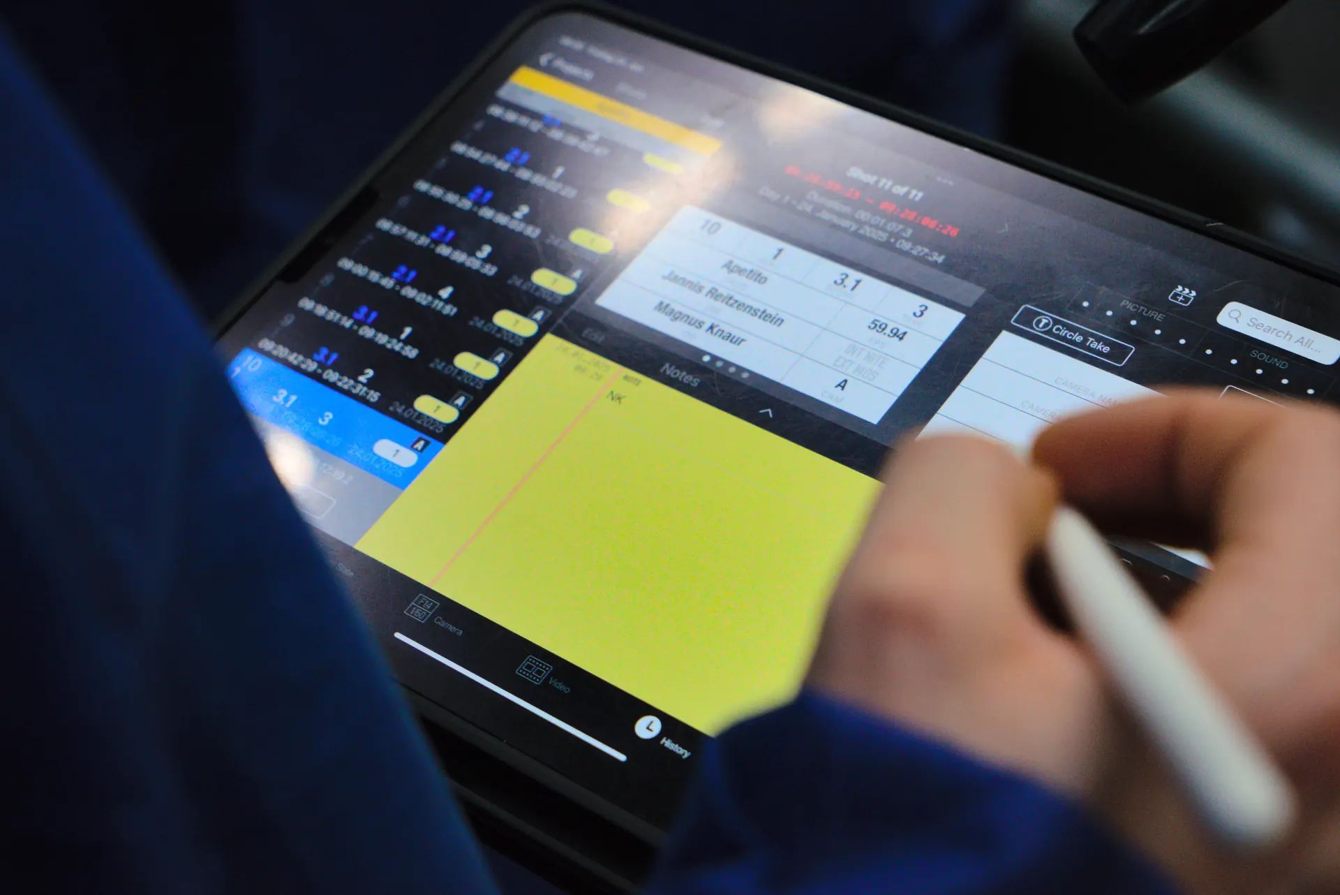 Tablet with a shot list app, the screen showing entries for the Apetito shoot