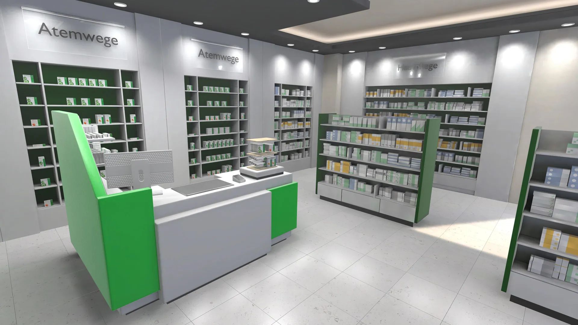 Interior of the virtual pharmacy with a green and white sales counter and shelves under the sign “Atemwege” (Respiratory)
