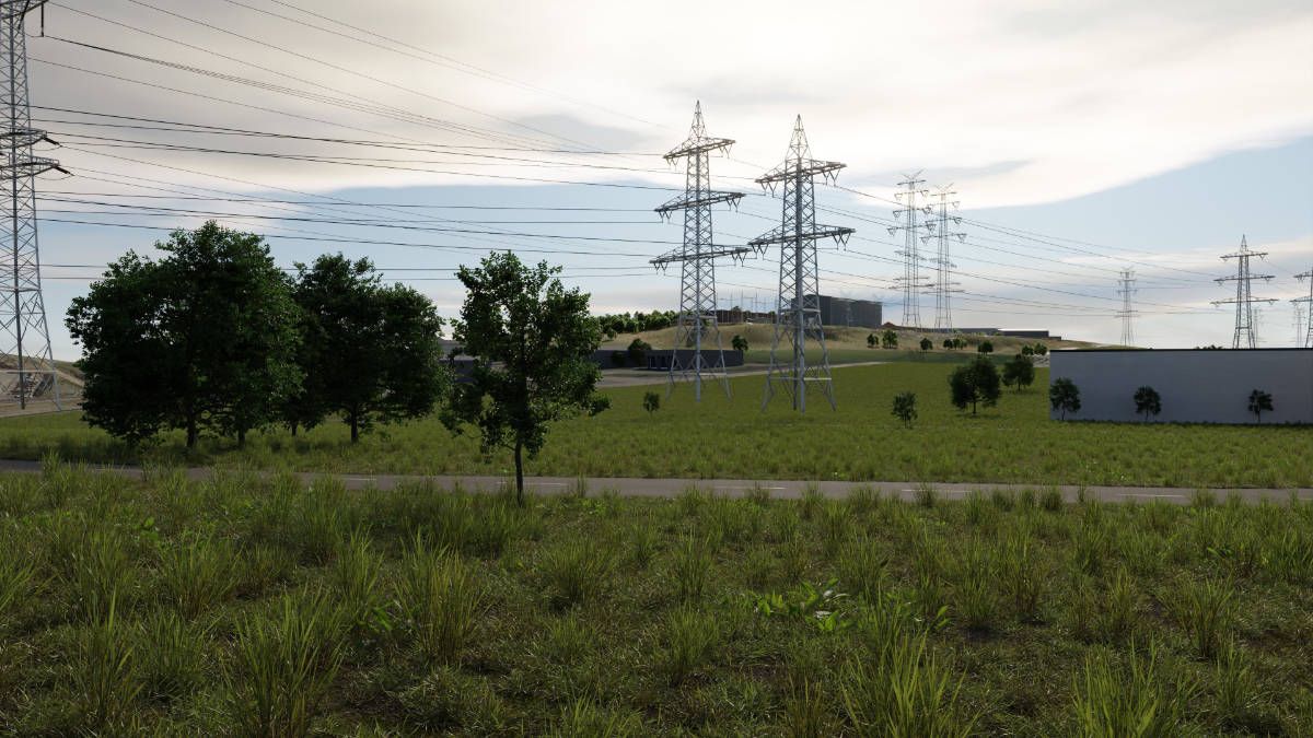 360°-Rundgang mit Hochspannungsmasten in einer Landschaft