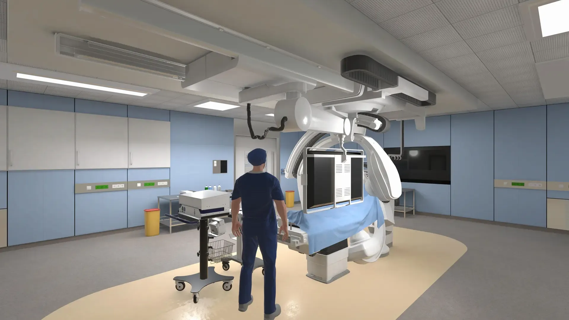 Avatar in scrubs seen from behind, facing the patient table and X-ray C-arm in a virtual operating room