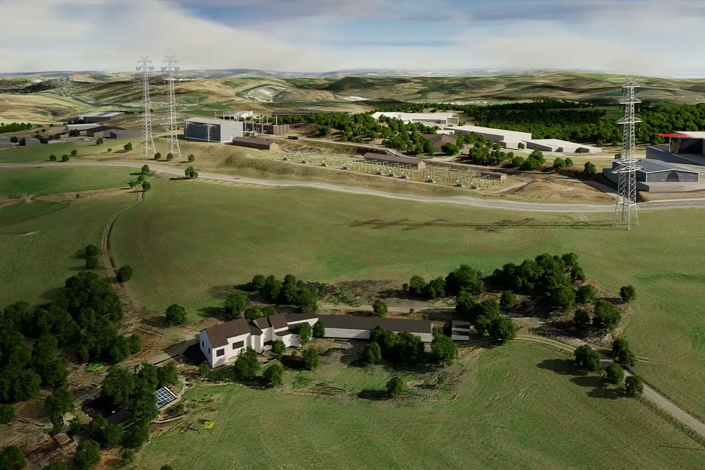 Visualization of a hilly landscape with high-voltage pylons, a substation, and industrial buildings, with a farm in the foreground