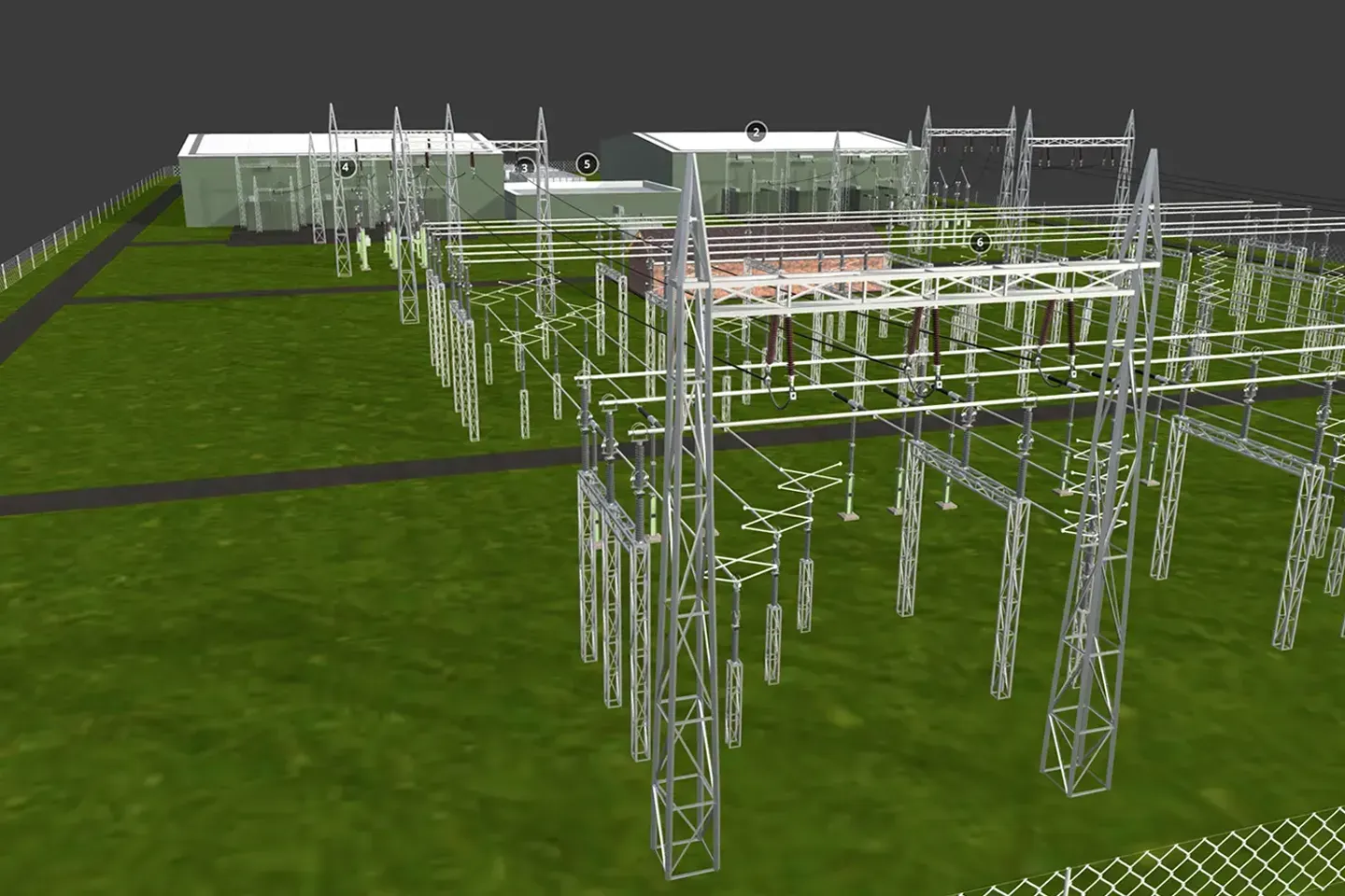 3D model of a substation with steel lattice structures and numbered buildings in a meadow