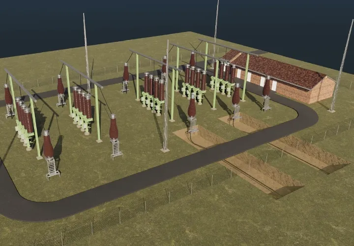 Top-down 3D model of a substation with insulators, an access road, and cable trenches next to a brick building