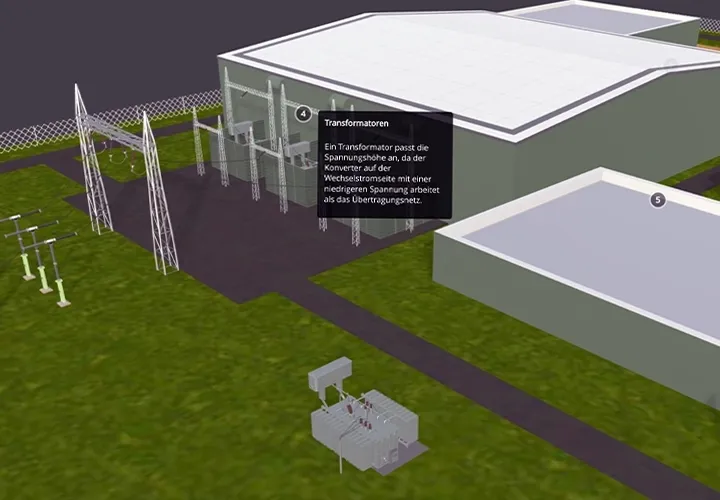 3D model of a converter station with an information window about transformers