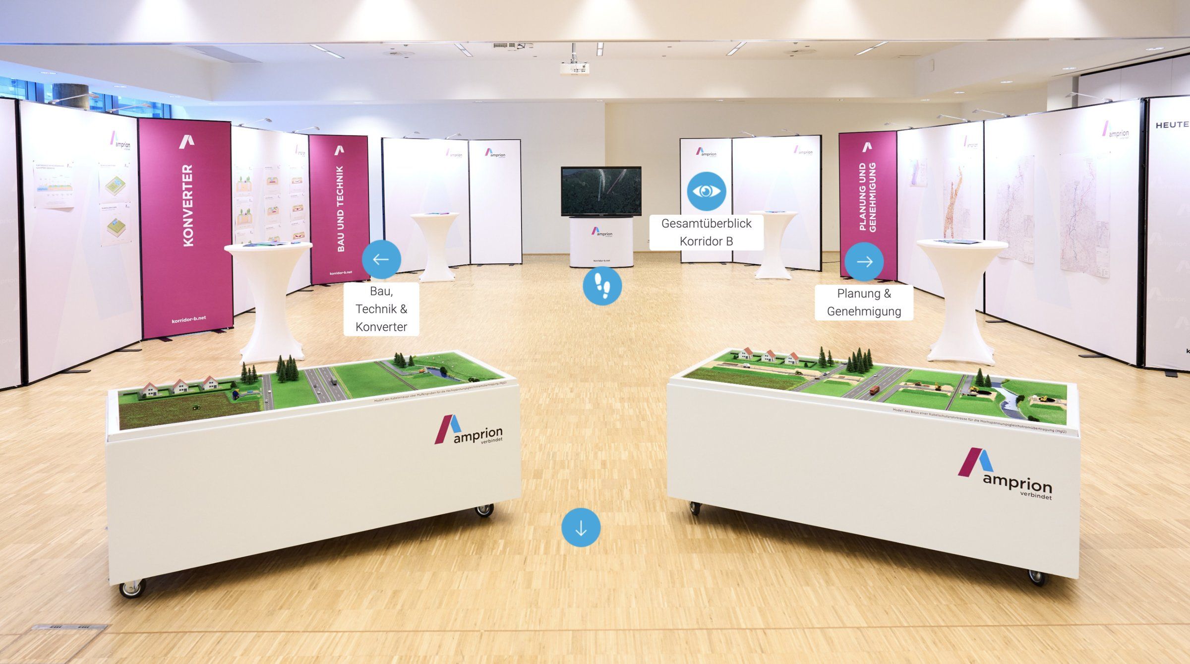 Amprion’s virtual showroom in the browser: a bright exhibition room with landscape models and display walls, arrows lead to the topics