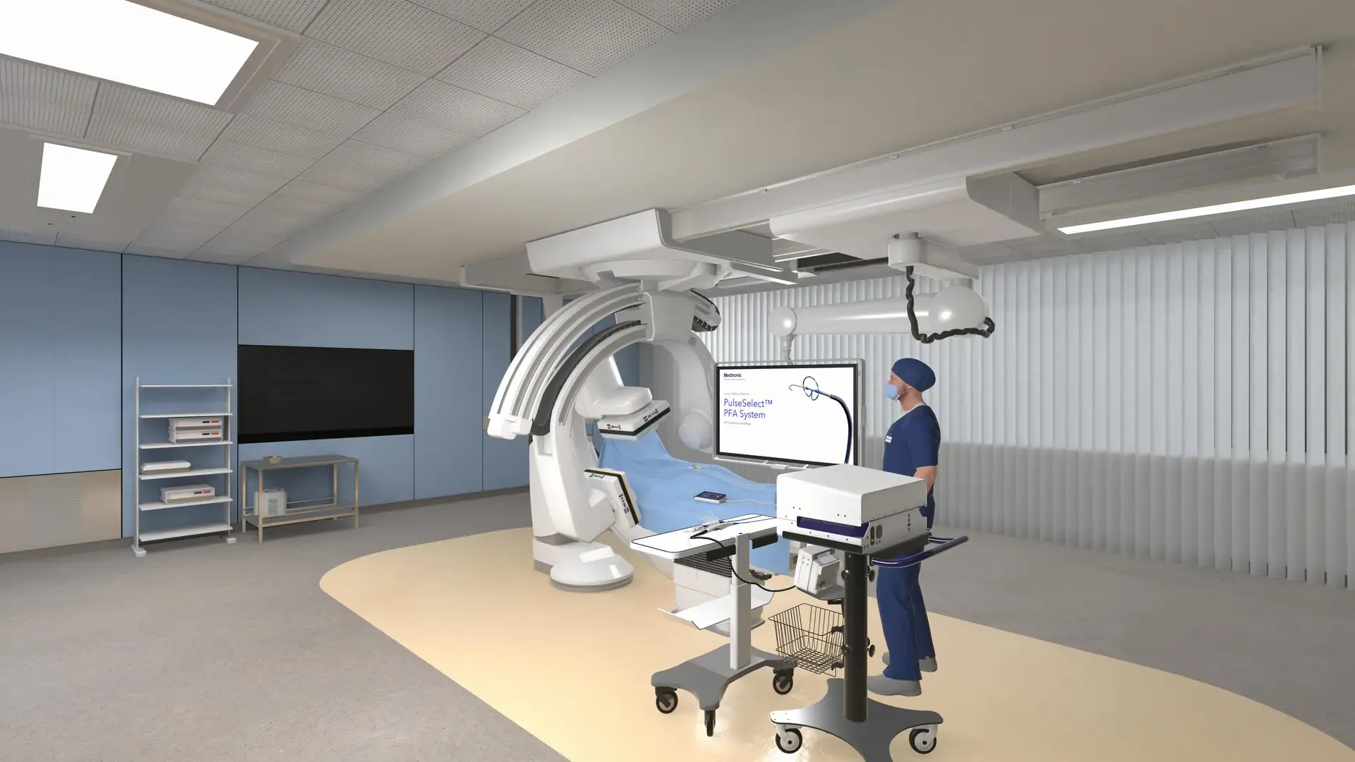 Virtual operating room with an X-ray C-arm, equipment cart, and an avatar in front of a screen showing the words PulseSelect PFA System