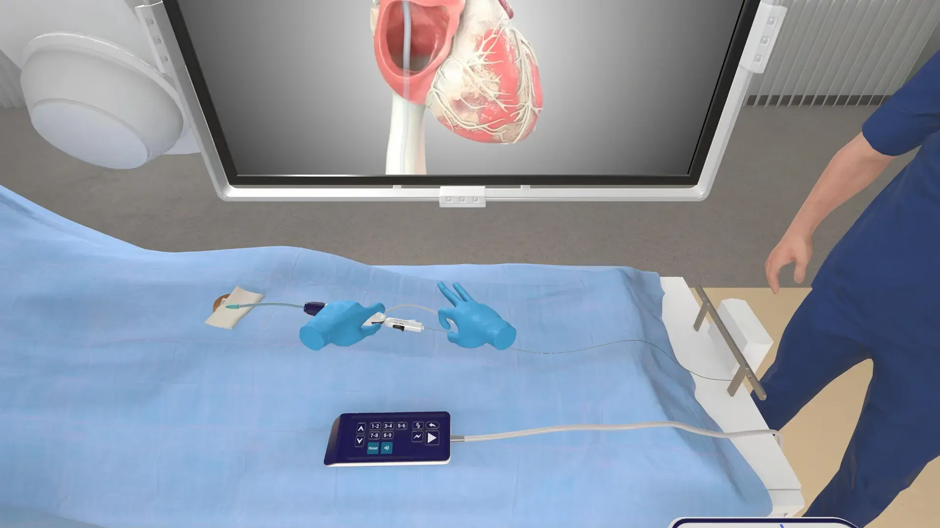 Virtual hands grip a catheter using hand tracking, with an anatomical heart model on the monitor behind them