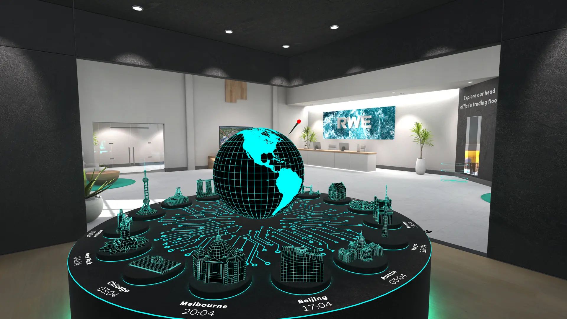 Round model with a glowing globe and landmarks of RWE's locations with their local times, with the reception area behind it