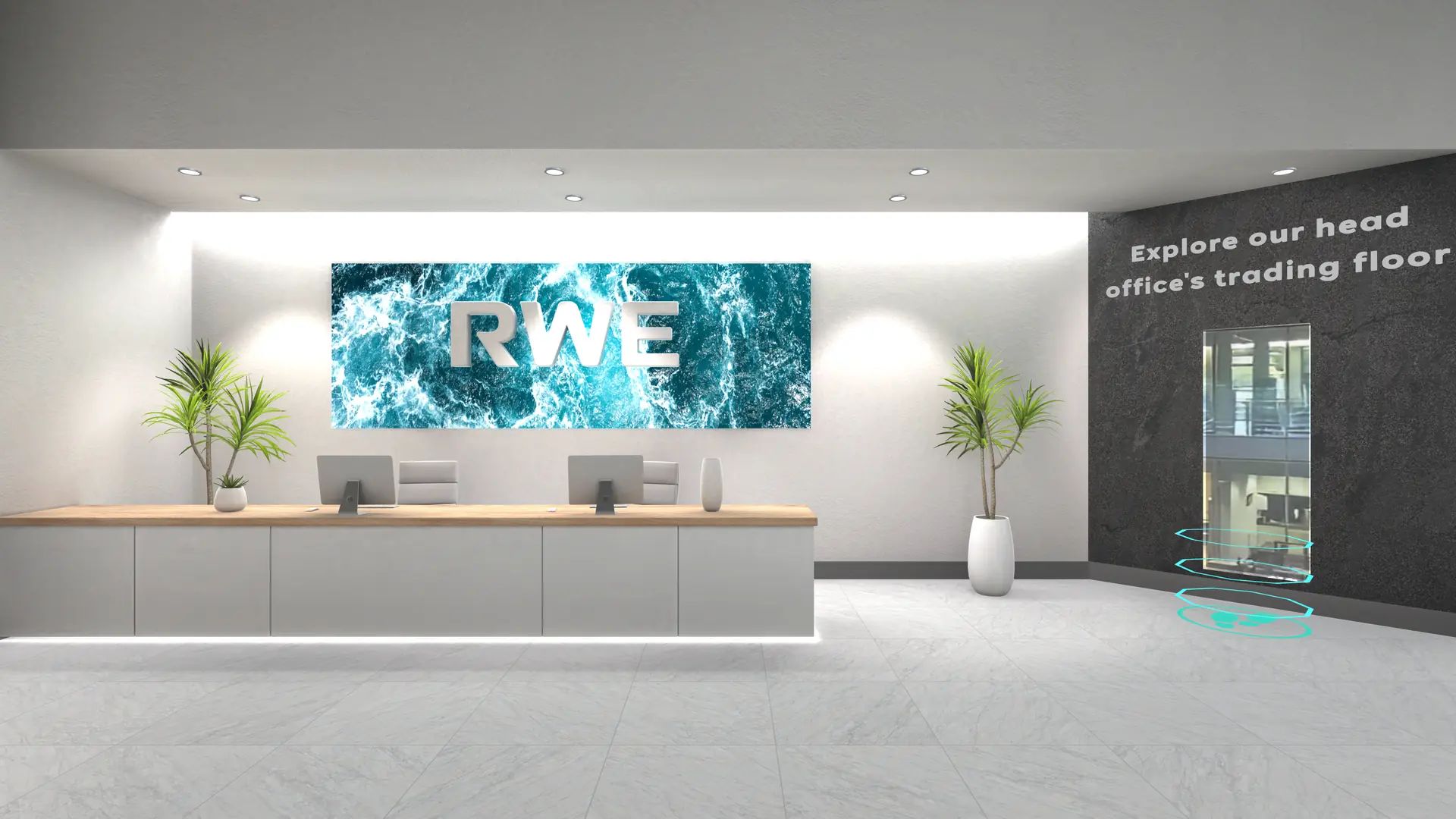 Reception desk with the RWE logo in front of a wave motif, with a portal on the right showing the text Explore our head office's trading floor