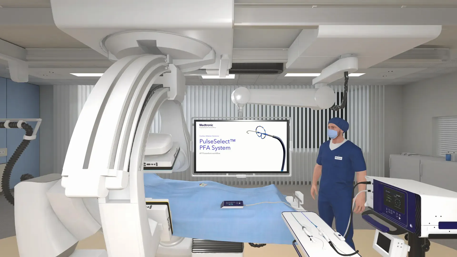 Avatar trainer next to an X-ray C-arm and patient table, with a screen behind showing the words Medtronic PulseSelect PFA System