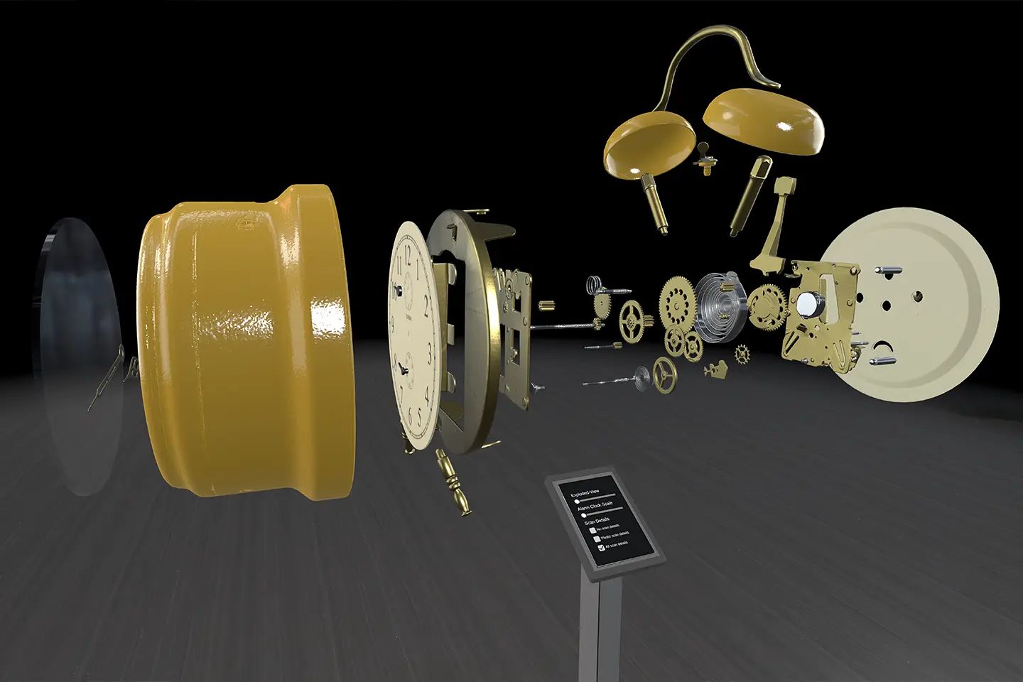 Exploded view of an alarm clock with floating gears, housing, and bells, with a control panel in front