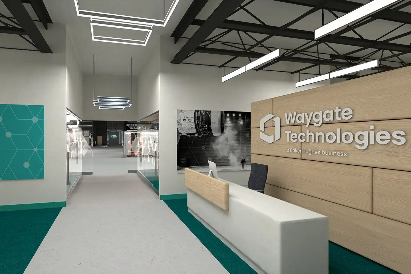 Reception desk in the virtual hall in front of a wooden wall with the lettering Waygate Technologies – a Baker Hughes business