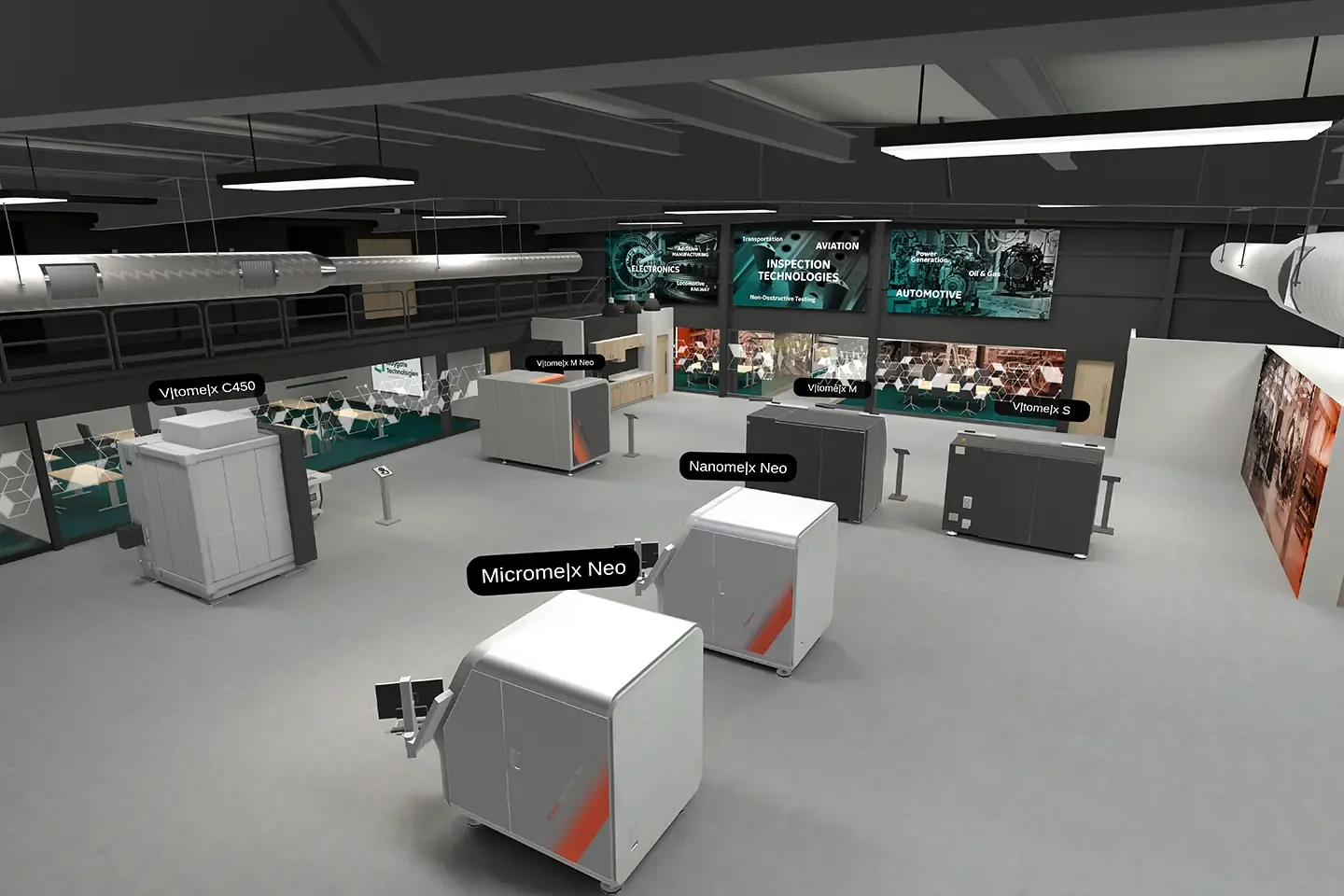 Top-down view of the virtual exhibition hall with several X-ray inspection systems, including Microme|x Neo and V|tome|x C450