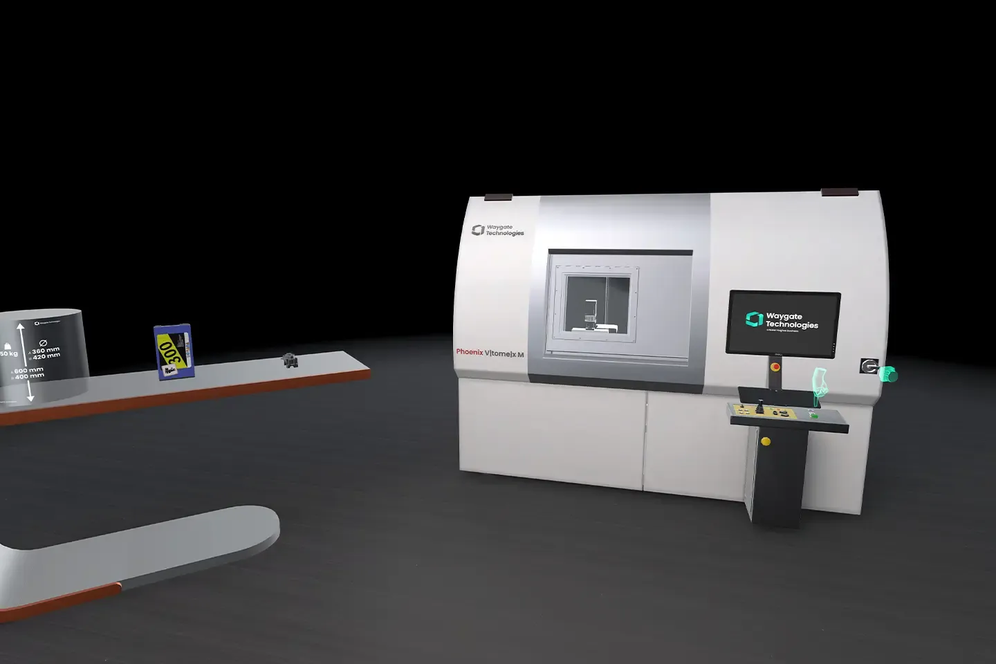 Virtual Phoenix V|tome|x M X-ray inspection system by Waygate Technologies with a control panel in a VR environment