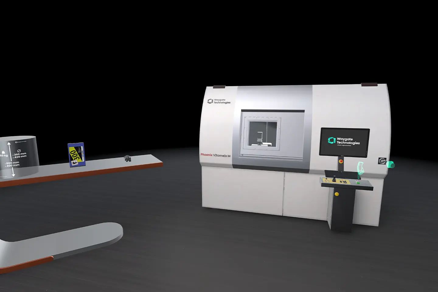 Virtuelle Röntgenprüfanlage von Waygate Technologies in einer Messehalle