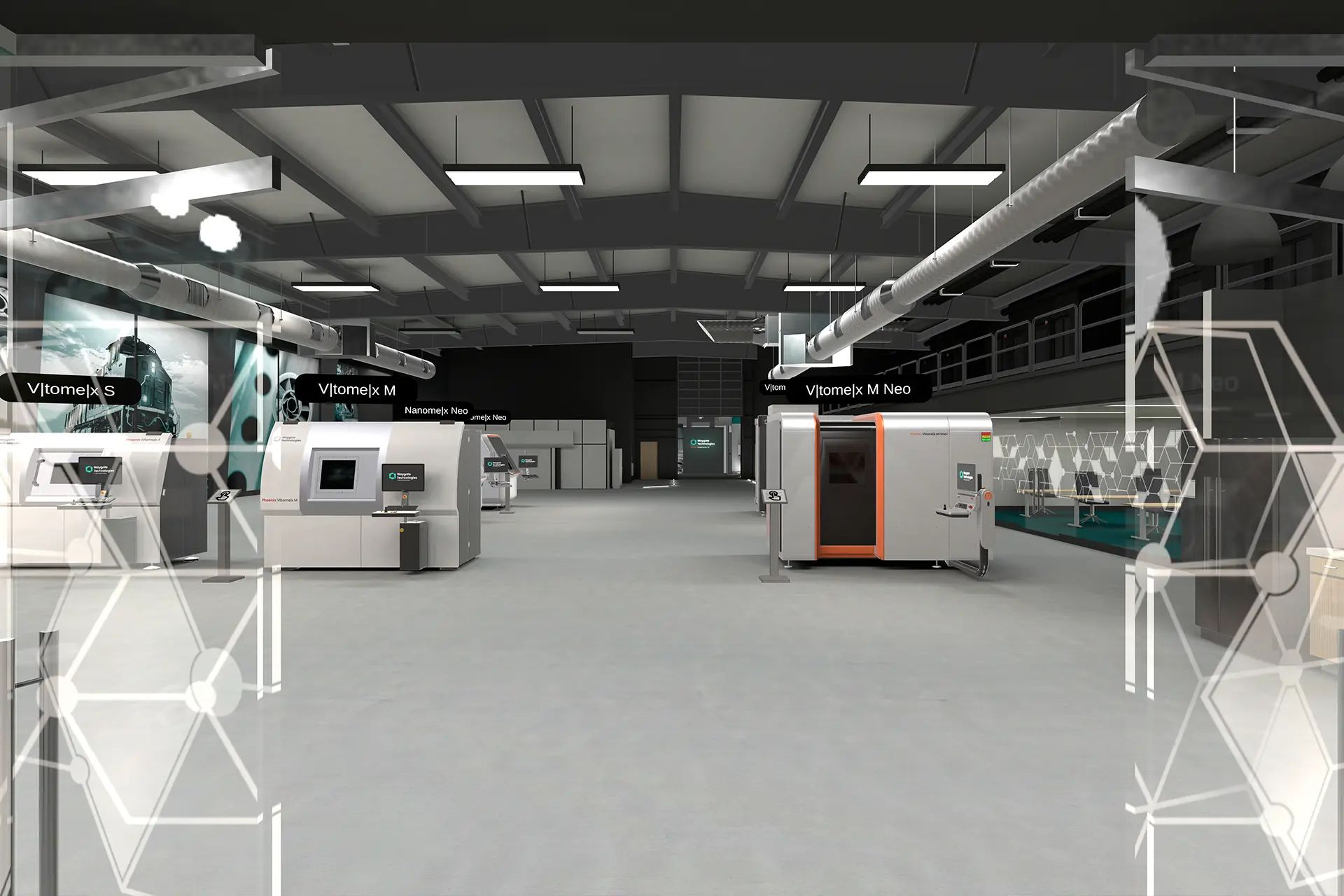 Virtuelle Messehalle mit drei Röntgenprüfanlagen von Waygate Technologies